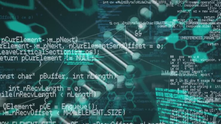 Animation of dna strand and data processing over black background
