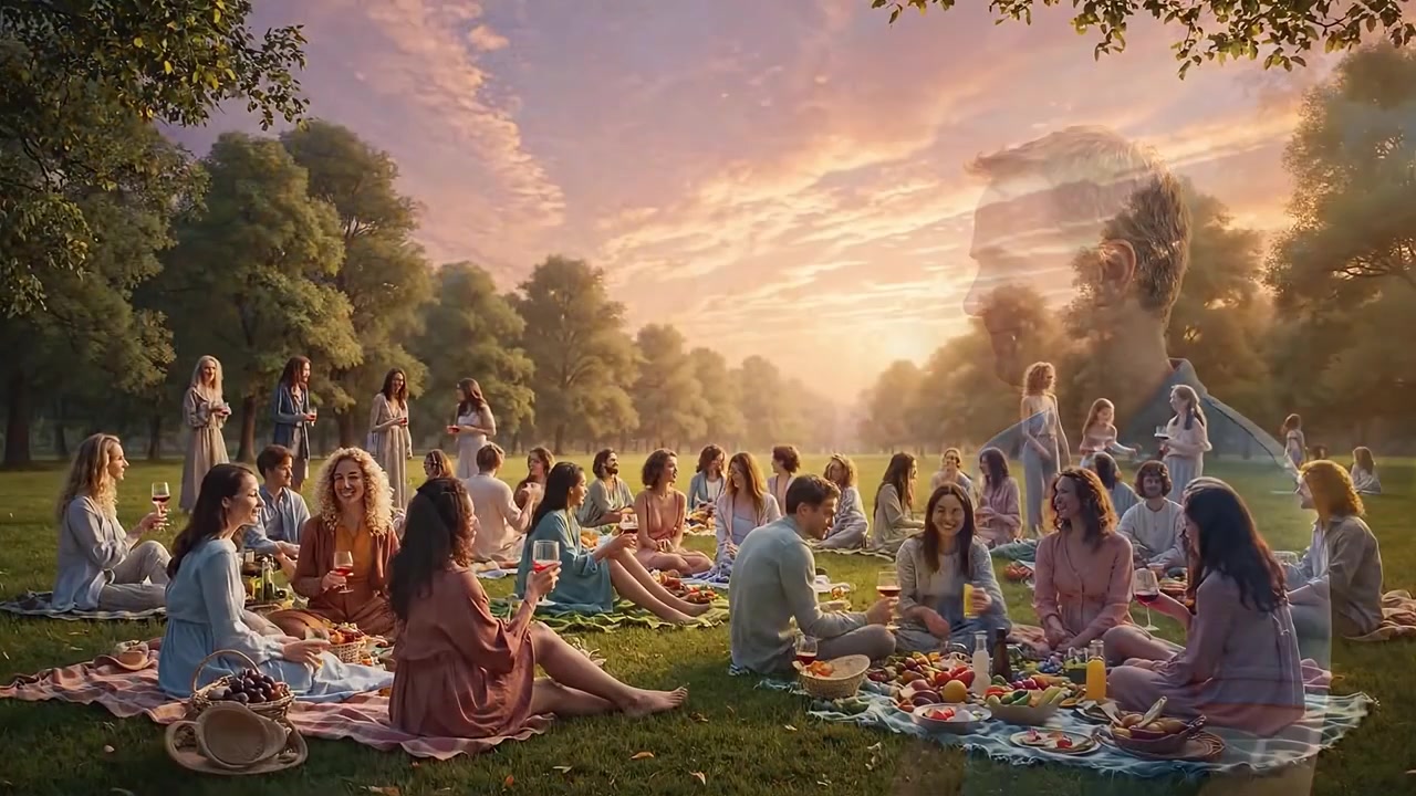 A Lively Outdoor Picnic Gathering at Sunset with Friends, Enjoying Bountiful Fruits, Laughter, and Connection in a Beautiful Park Setting