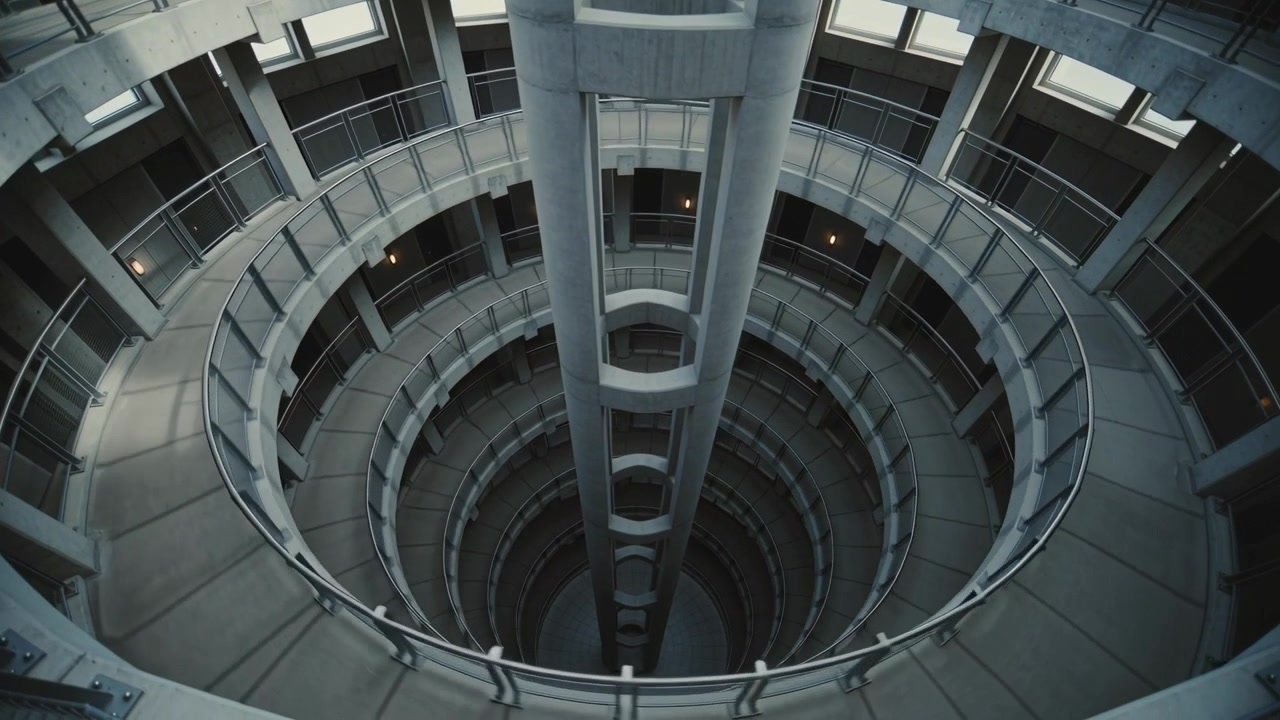 Câmera recuando revelando átrio de vários níveis em edifício moderno, mostrando a profundidade do poço central