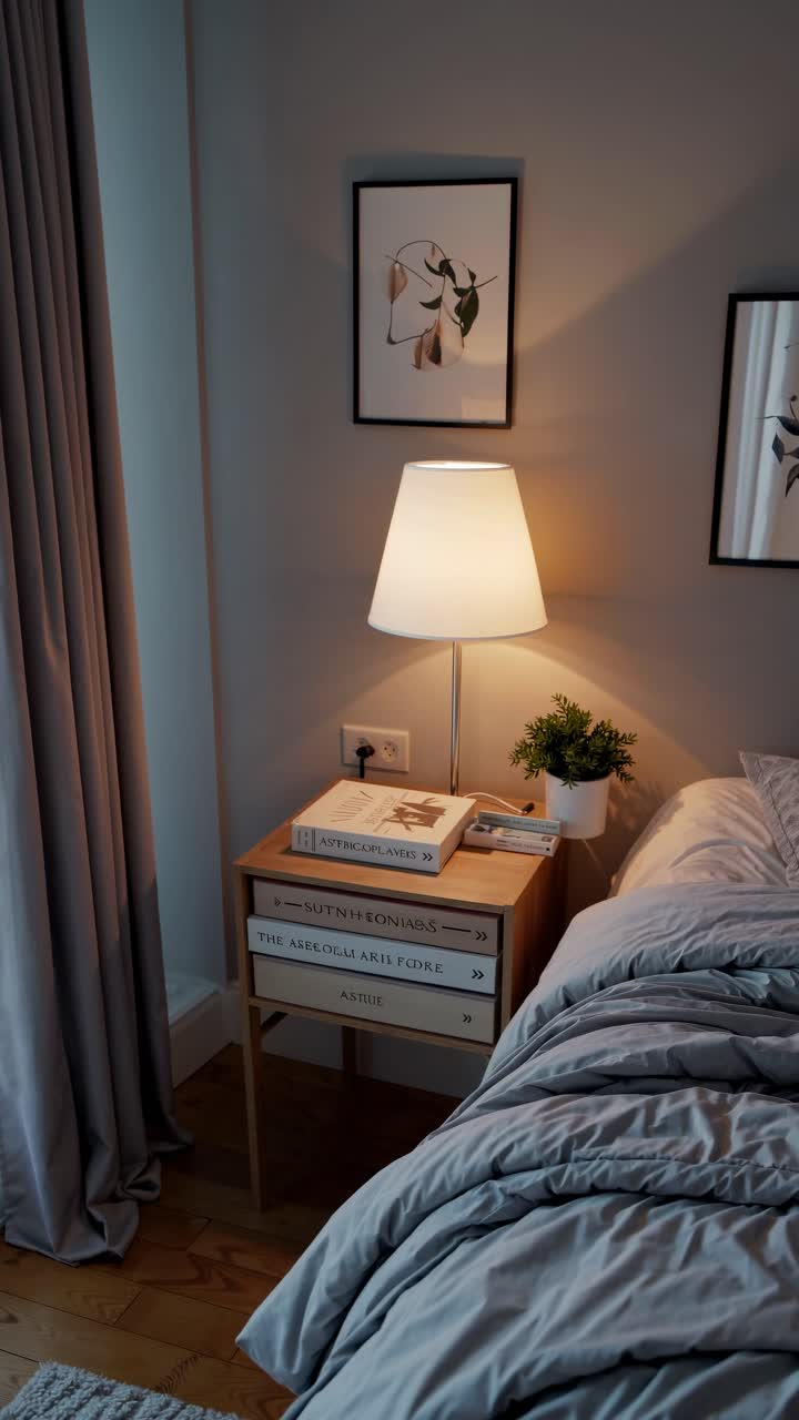 Angolo accogliente di una camera da letto con illuminazione soffusa, ripreso da un'angolazione laterale