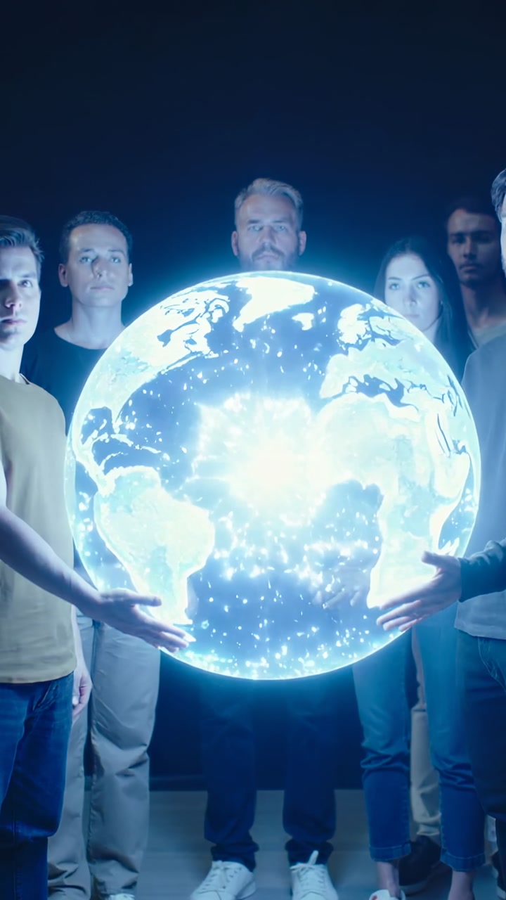 Vertical video: Globe appearing, six adults in jeans holding hands near it on stage, then lowering