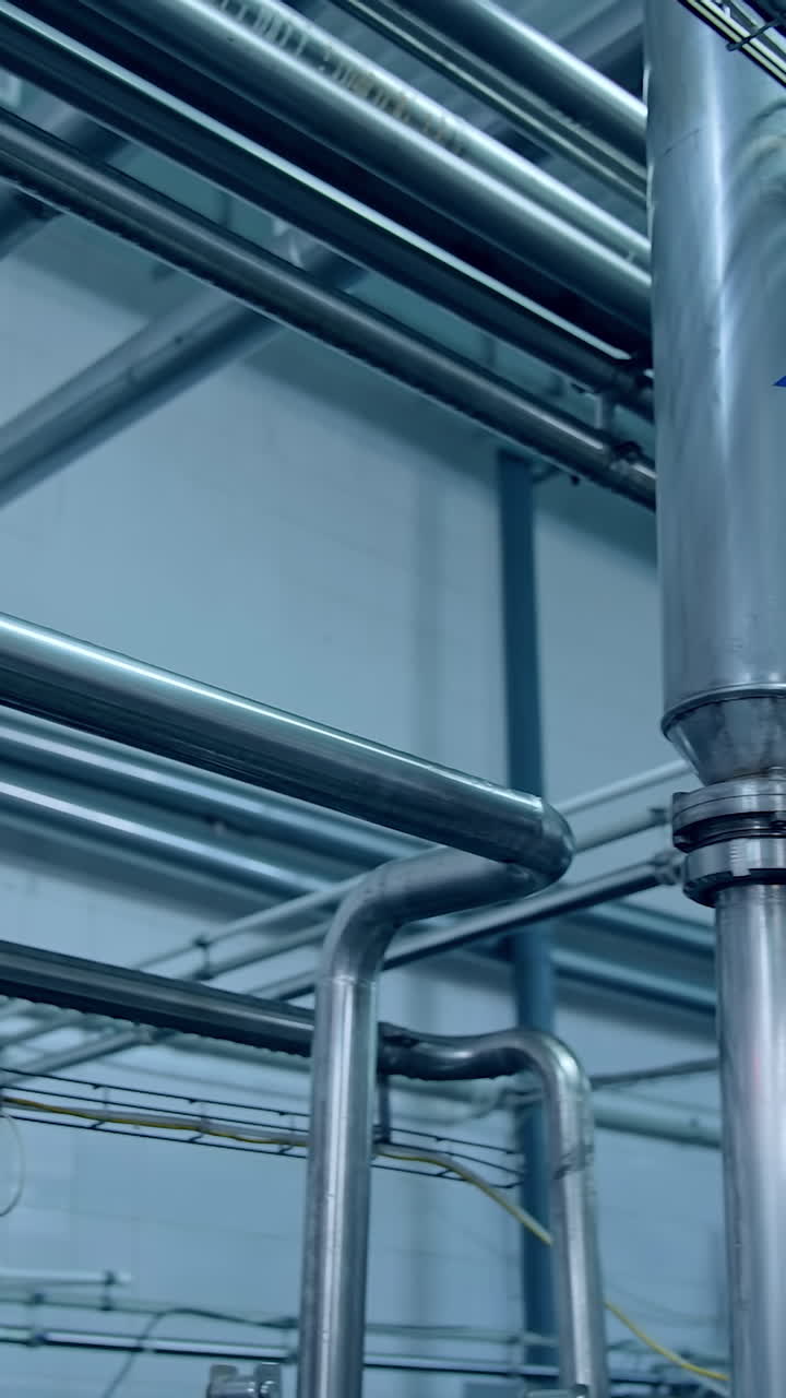 Moderne metallutstyr. Industrielt utstyr i meierifabrikk med metallrør.