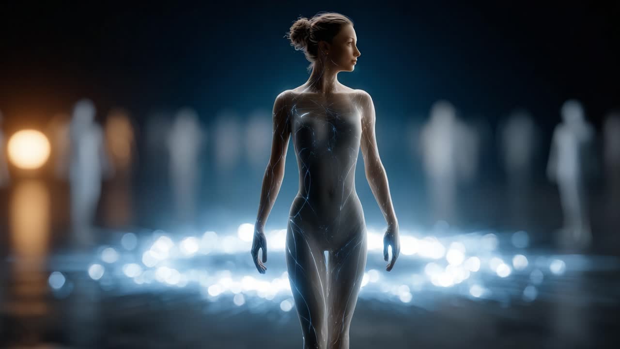 A captivating representation of a luminous figure surrounded by ethereal lights, symbolizing the connection between humanity and the digital realm of the future