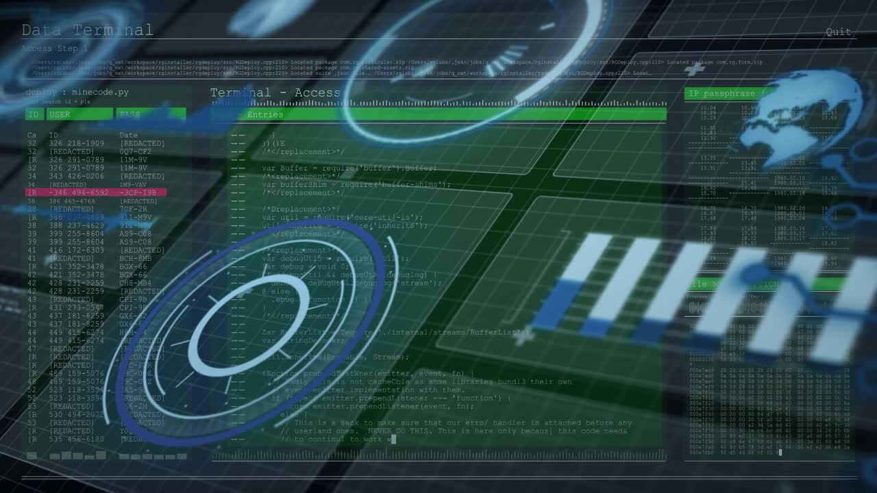 Grønt skjær brer seg over holografisk HUD, kodevindu glir inn og pulserende databjelker for passering