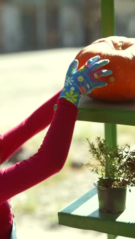 mujer sosteniendo una gran calabaza en un estante
