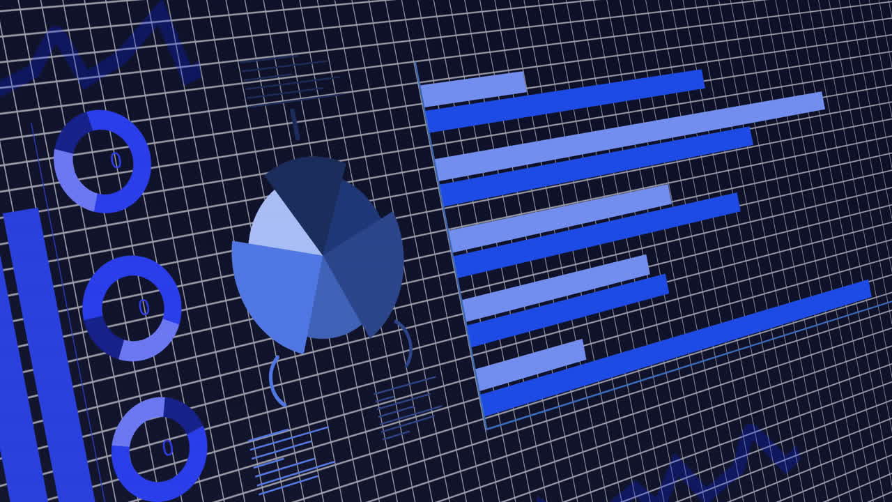 animación de la interfaz con el procesamiento de datos estadísticos a través de la red de red contra un fondo azul
