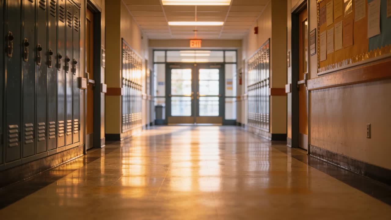 Câmera em movimento baixo avançando por um corredor escolar em direção às portas de saída, mostrando armários e reflexos.