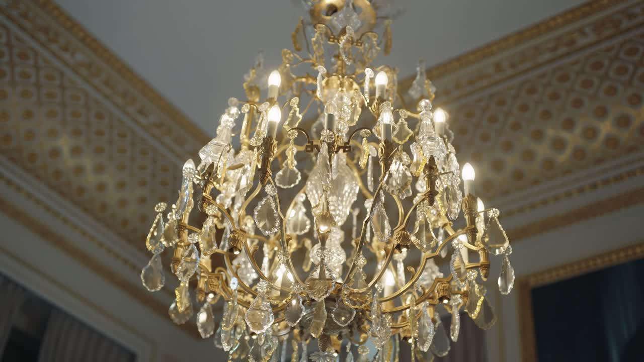 Close-up pan left luxurious chandelier interior expensive hotel with golden wall