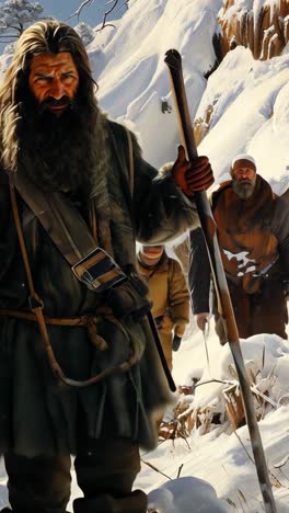 hikers journey through a snowy landscape with majestic mountains in winter
