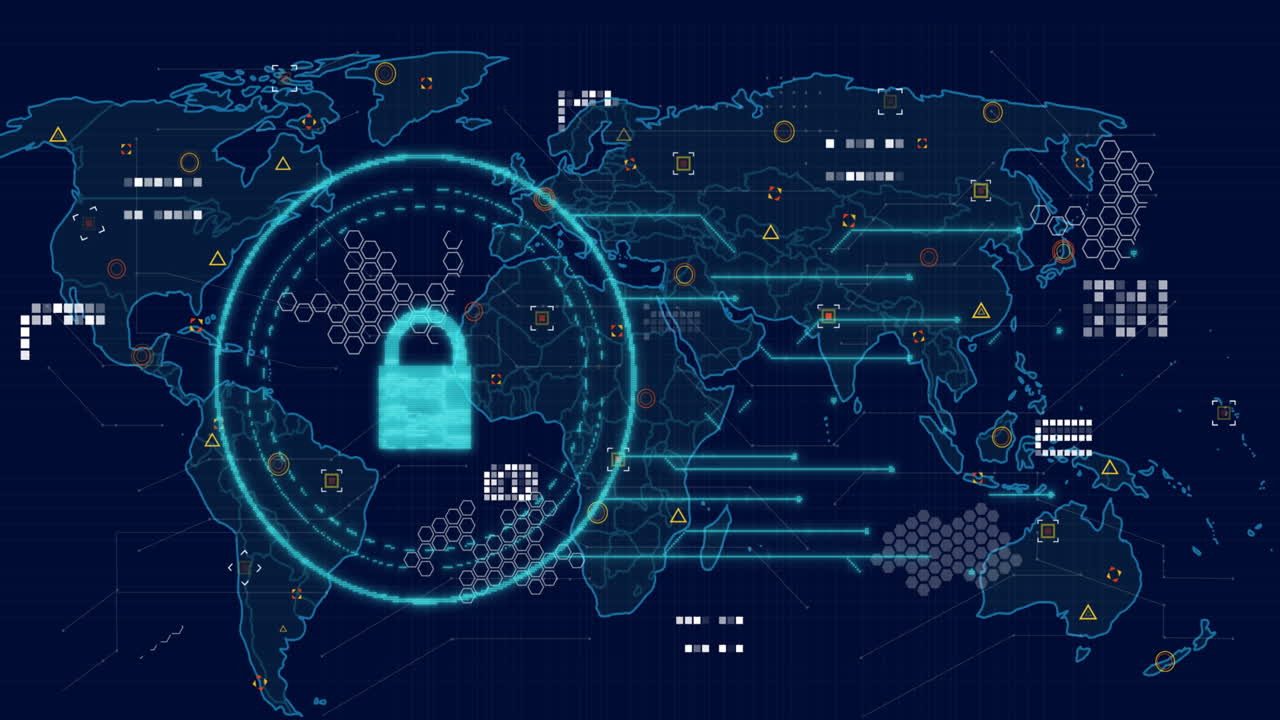 Animation of online security padlock, markers and data processing over world map