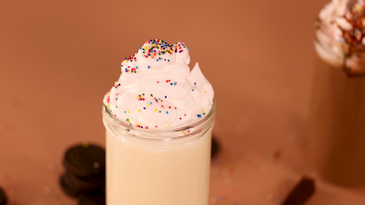 Çilek parçacıklı vanilyalı milkshake’in üzerindeki krem şantinin üzerine düşen kırmızı kiraz, sıcak stüdyo ışığı, yakın çekim