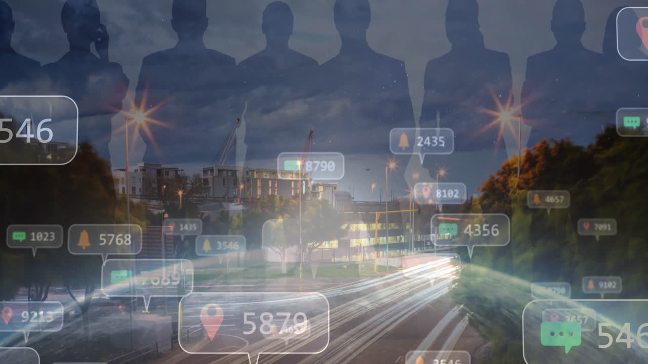 도시 풍경 위에 떨어지는 소셜 미디어 아이콘의 애니메이션