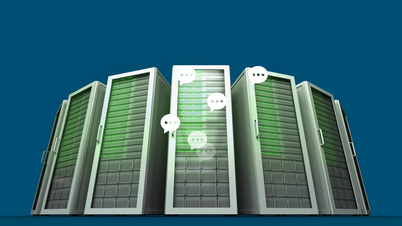 Animation of social media icons over computer servers