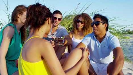 multi ethnic friends relaxing with picnic on beach