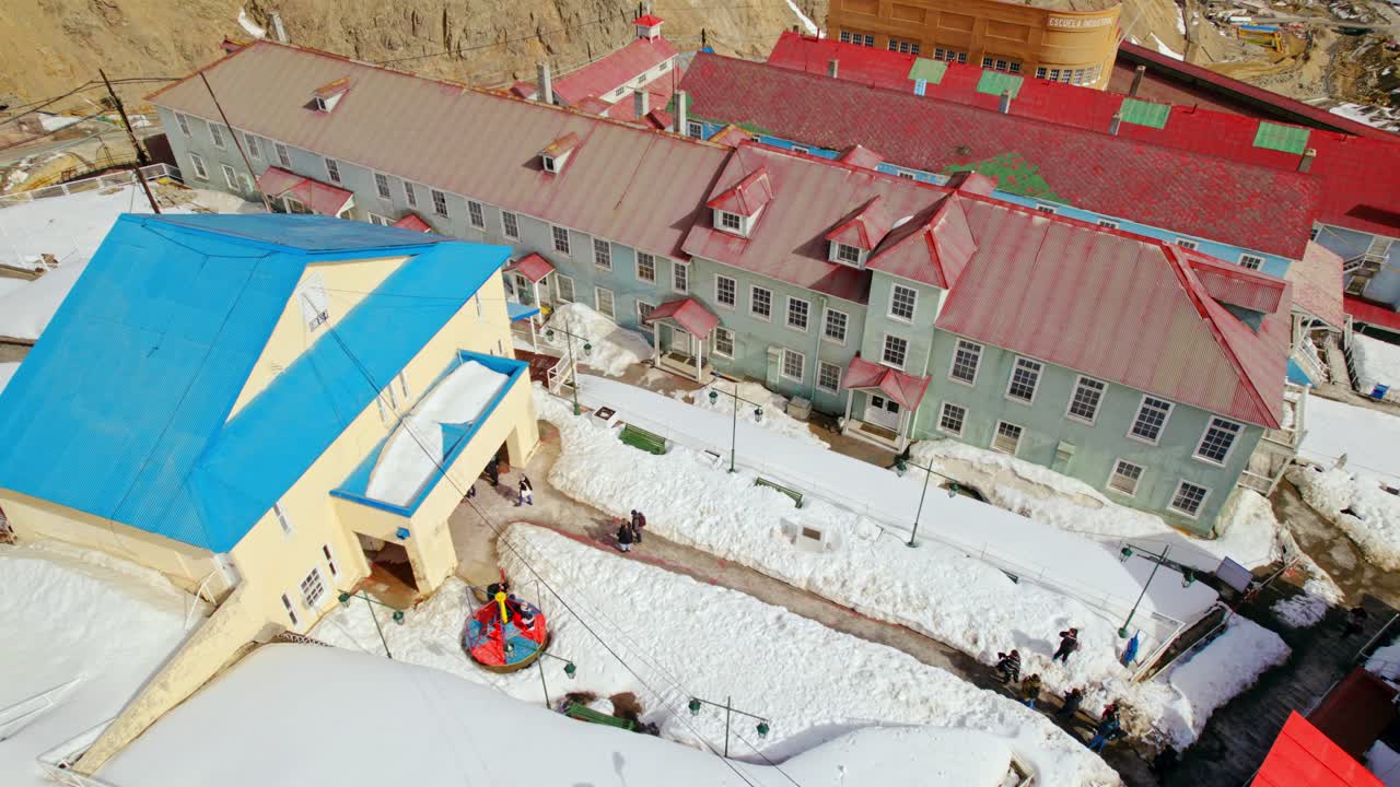 Aerial View of a Snowy Mountain Town