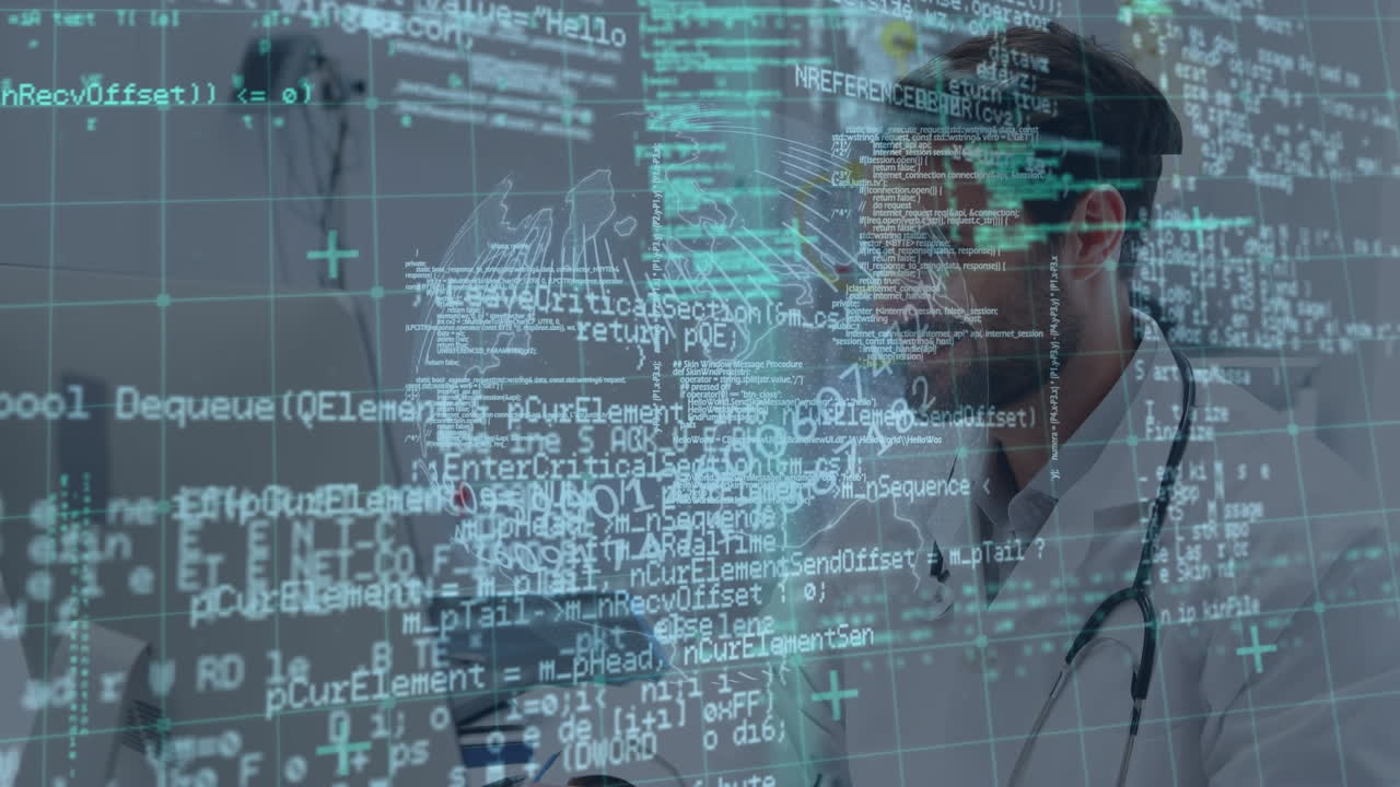 Data processing and spinning globe against caucasian male doctor using laptop at hospital