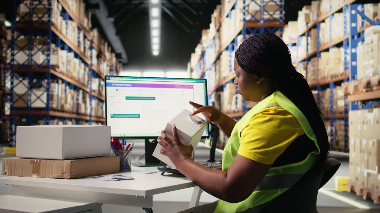 Vertical Video Woman staff managing package labeling using shipment details adhesive tags