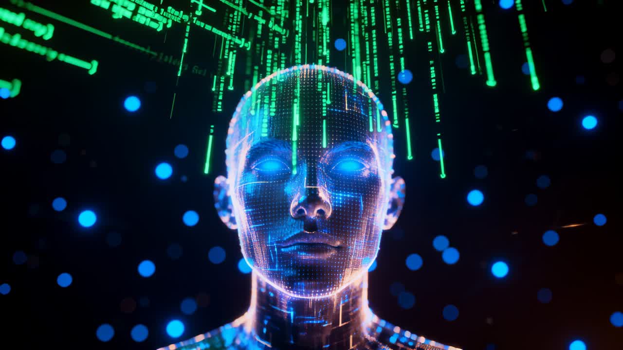 Avatar AI con occhi pulsanti, circuiti e sfere blu in una matrice di dati, che reagisce a un codice verde in caduta.