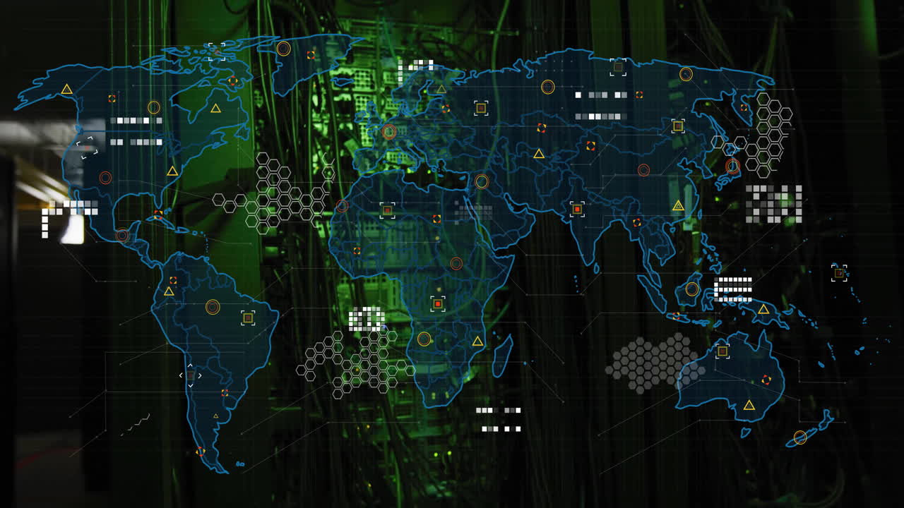 World map with data points and network connections animation over server room background
