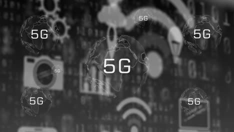 animación de 5g en todo el mundo y conexiones en pantalla digital con iconos tecnológicos