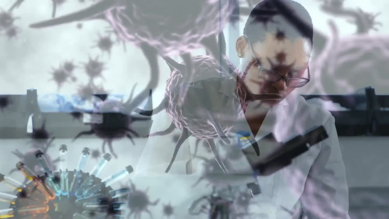 animación de células de coronavirus sobre una mujer en el laboratorio