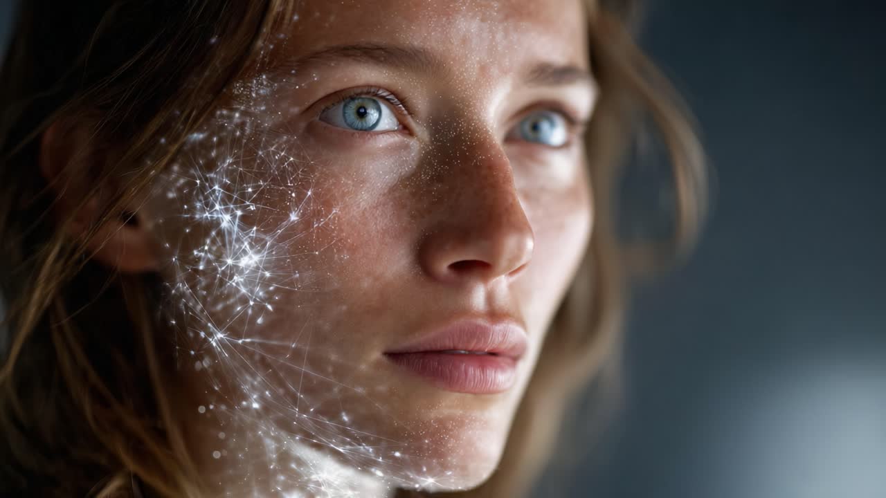 A mesmerizing close-up of a woman's face adorned with sparkling cosmic patterns, highlighting her striking blue eyes and ethereal beauty in a contemporary artistic expression