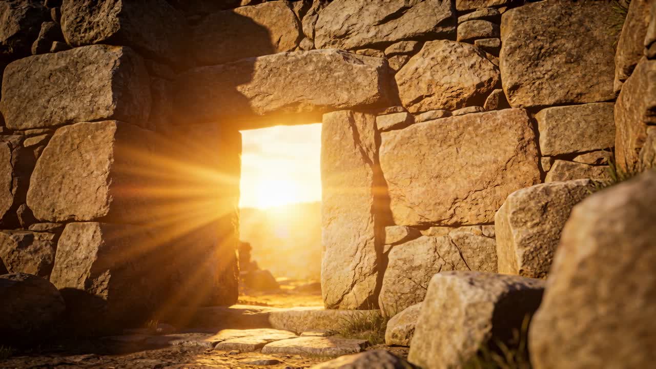 Raggi di sole che filtrano attraverso un portale in pietra in rovina al tramonto, illuminando una silhouette seduta e lastre di pietra