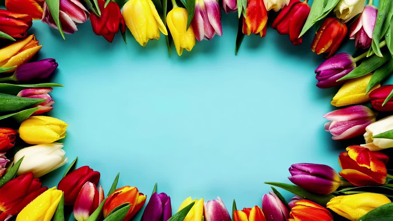 Vibrant tulips encircle a blue background, top-down angle, perfect for a spring video