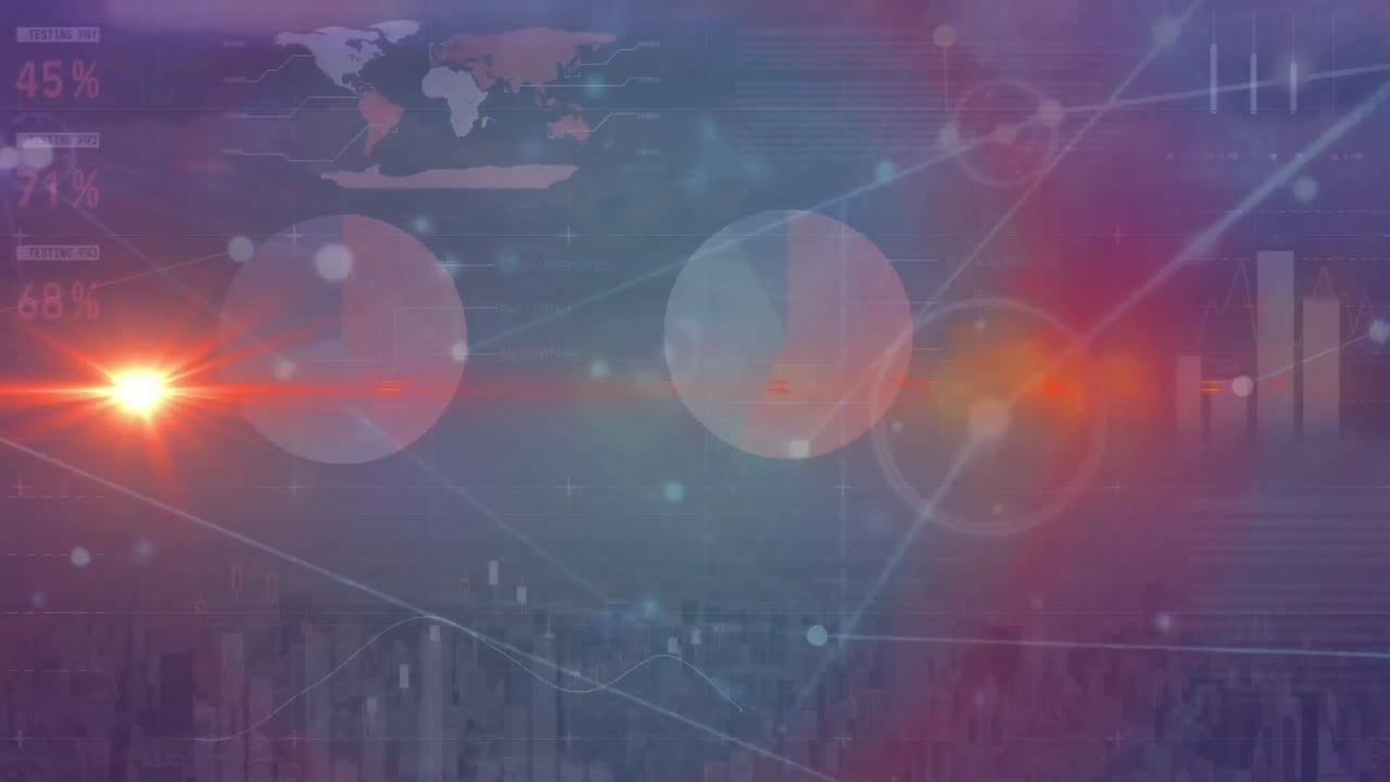 도시 풍경 위의 데이터 처리 애니메이션