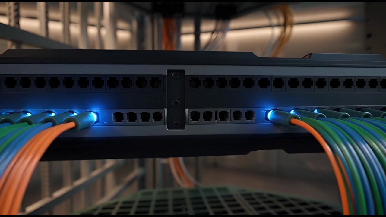 Fiber Optic Cables Connected to Network Switch in Data Center