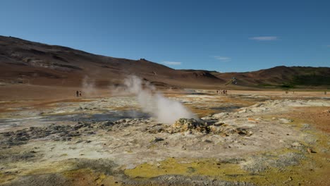 Static-shot-of-steam-rising-up-of-volcanic-crater-in-hydrothermal-landscape-of-Iceland---Tourist-in-background-visiting-destination-during-summer