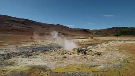 toma estática de vapor que se eleva desde un cráter volcánico en el paisaje hidrotermal de islandia - turista en segundo plano visitando el destino durante el verano