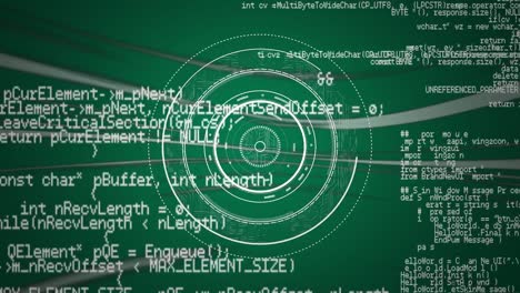 Rotating white rings over a green background with coding and data in white etxt