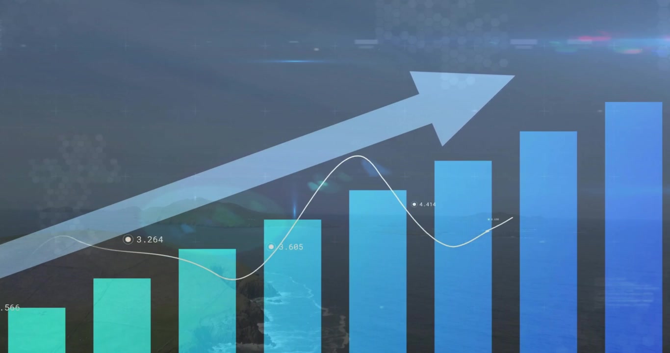 Animation of upward arrow and blue graphs processing data over sky and landscape