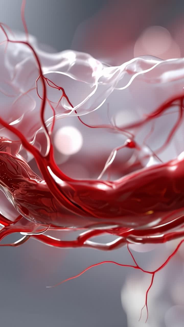 Abstract depiction of flowing red blood vessels showcasing intricate designs and textures that symbolize life, circulation, and the human body's complexity