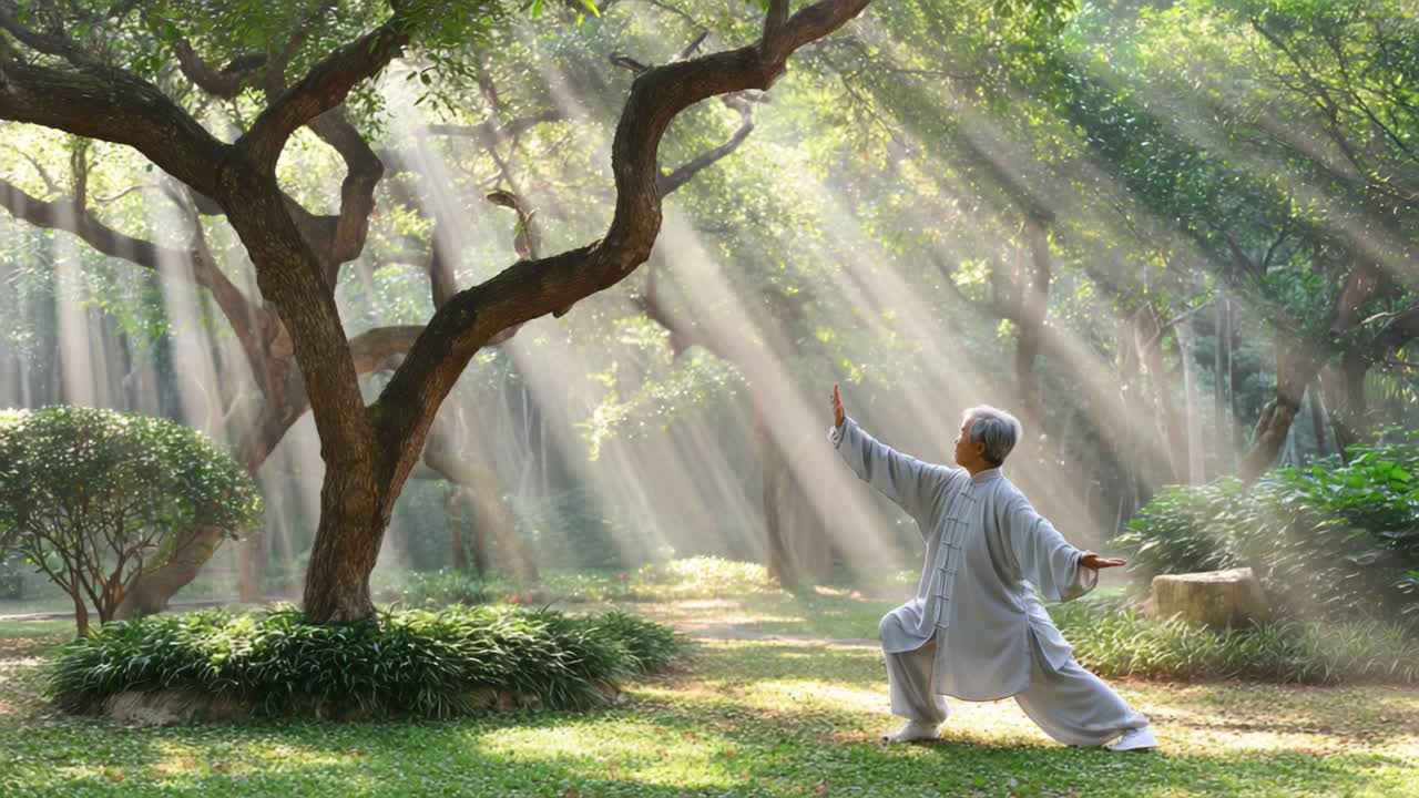 A Serene Morning in Nature: A Practitioner of Tai Chi Engaging in a Harmonious Flow Beneath Radiant Sunlight Filtering Through Lush Green Trees