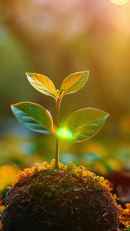 new plant sprouting in sunlit garden during golden hour. a healthy green plant emerges from the soil as sunlight bathes the garden in warm hues. vertical video
