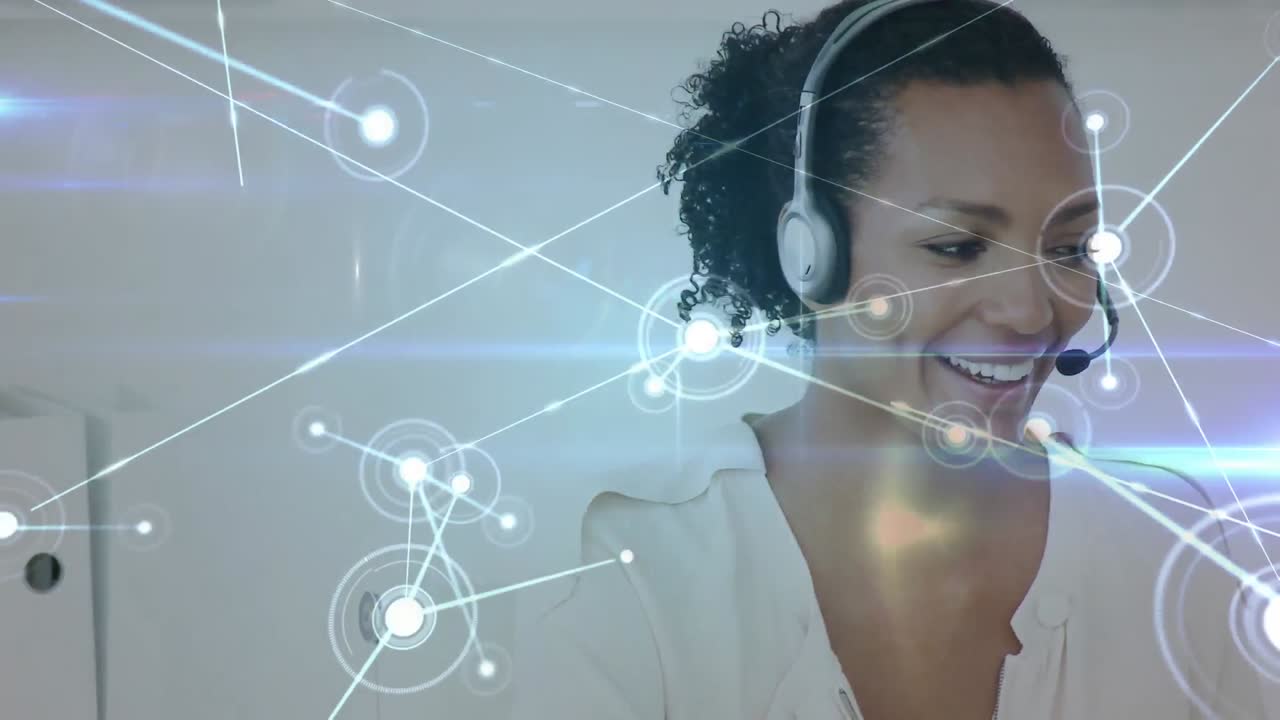 Animação de redes de conexões sobre empresária usando fones de ouvido