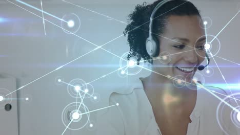 Animation-of-networks-of-connections-over-businesswoman-using-phone-headsets