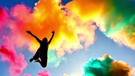 joyful leap into colorful clouds