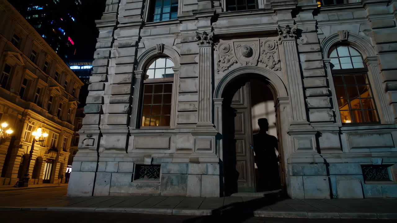 Shadowy Figure Outside a Historical Building at Night