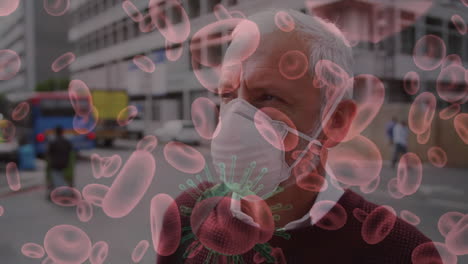 animación de células de covid-19 moviéndose sobre un hombre con una máscara facial