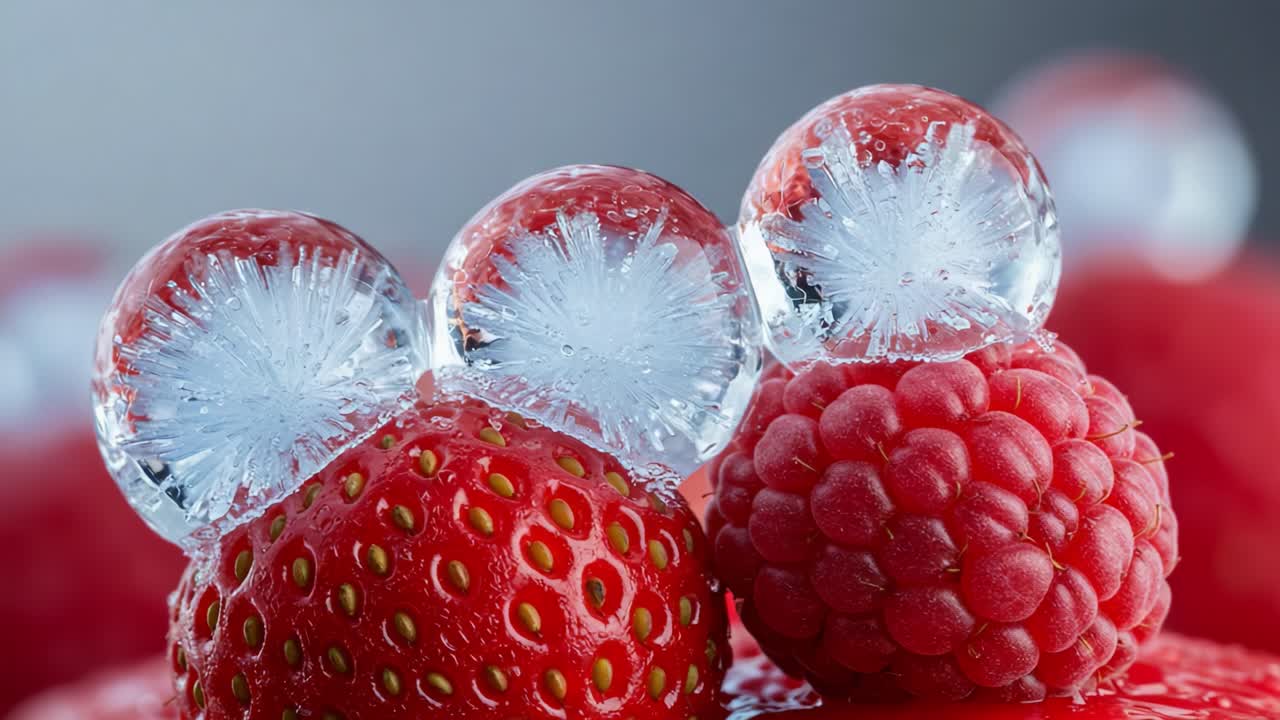 A Close-Up Exploration of Ripe Raspberries and Strawberries Adorned with Glimmering Ice Crystals, Showcasing Nature's Beauty in a Unique and Refreshing Way
