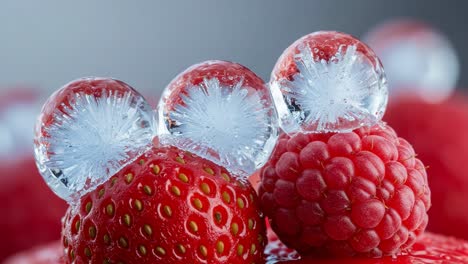 a close-up exploration of ripe raspberries and strawberries adorned with glimmering ice crystals, showcasing nature's beauty in a unique and refreshing way