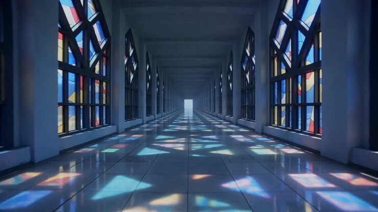 Luz que se mueve a través de vitrales, proyectando manchas de color en un suelo brillante, columnas hacia una entrada.
