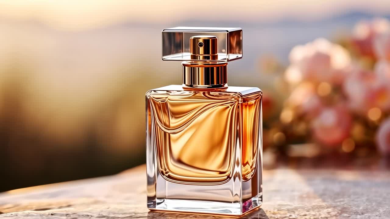 Elegante flacone di profumo su una superficie riflettente, ripreso dal basso.