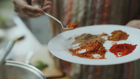 añadir especias indias aromáticas a la salsa de tomate al vapor en la sartén