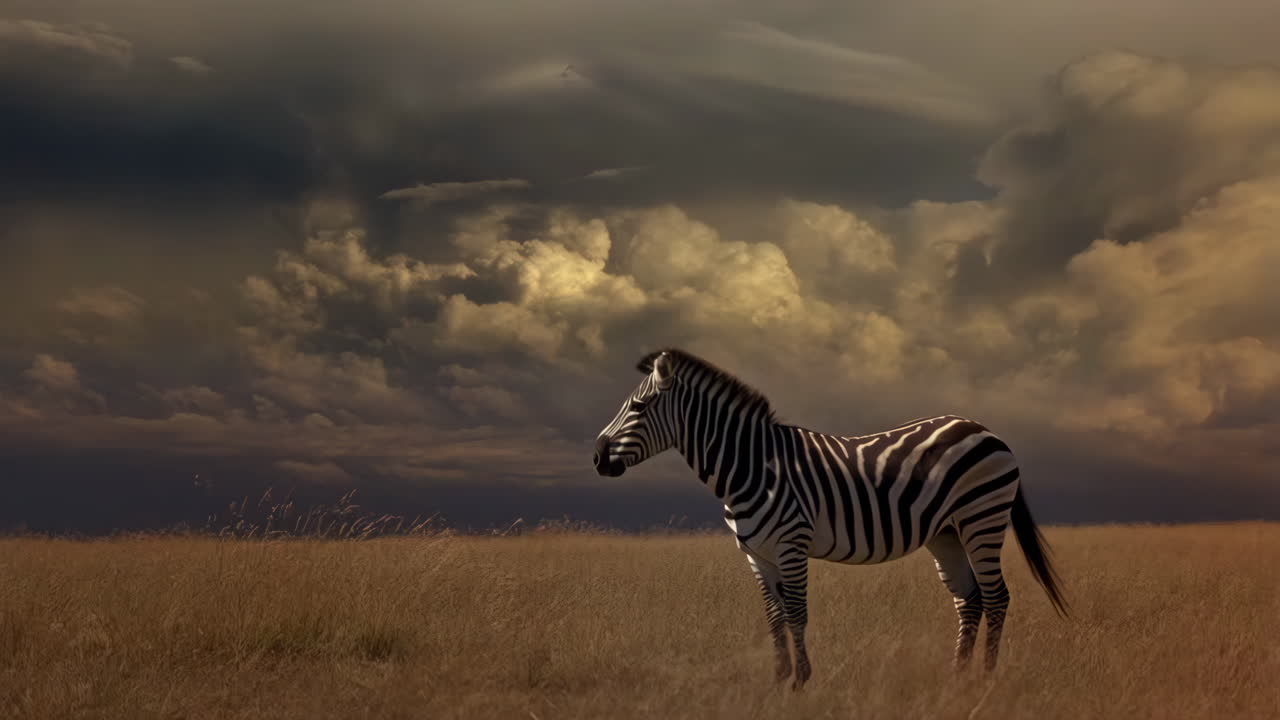 Zebra Grazing in Grassy Field Under Dramatic Sky