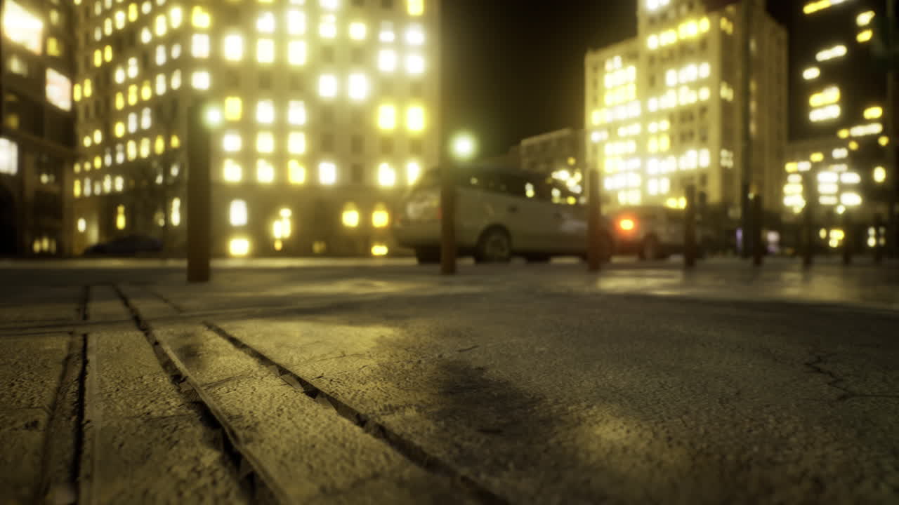 Urban evening ambiance captured with illuminated buildings and a parked vehicle