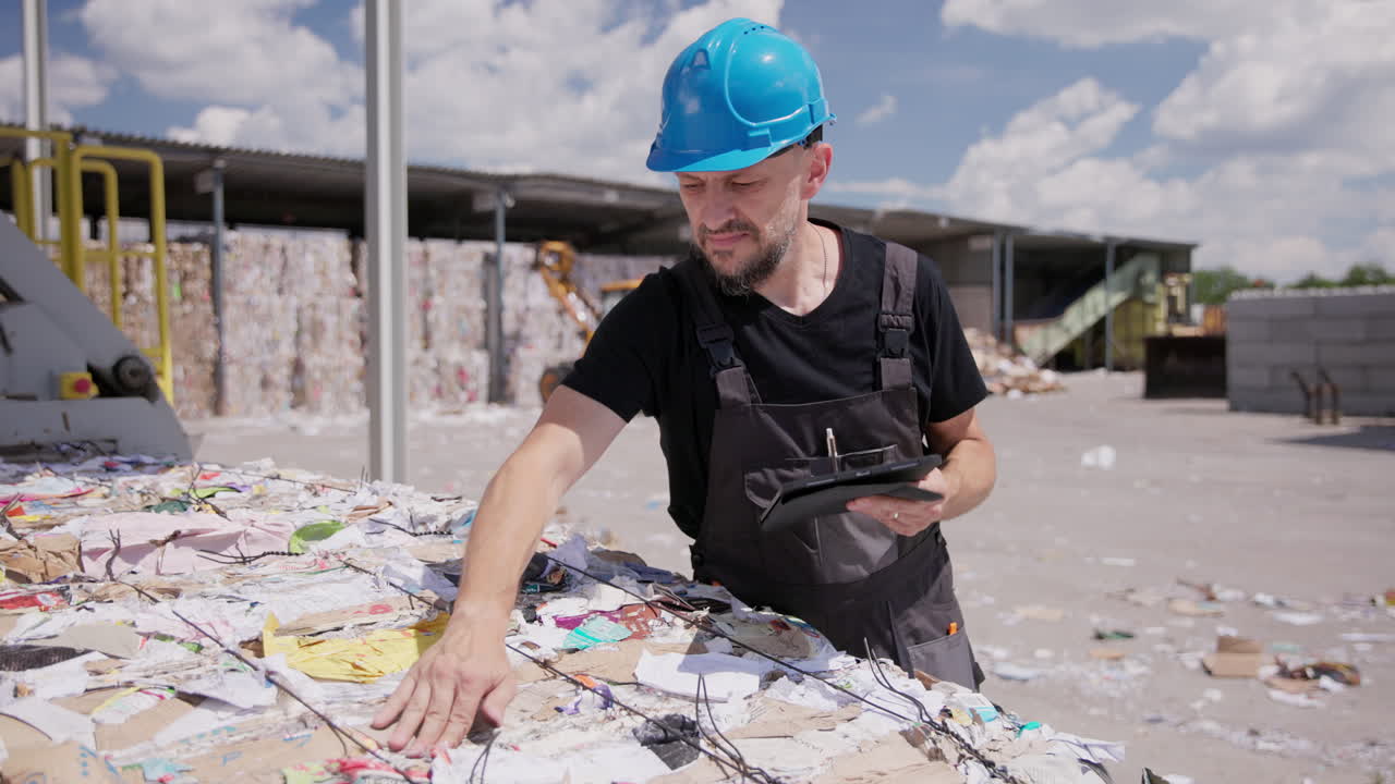 slomo pan de hombre con tableta inspeccionando las balas de papel en la planta de reciclaje